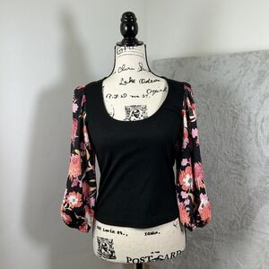 Dolan‎ Left Coast Floral Sleeve Ribbed Knit Top, Black, XS